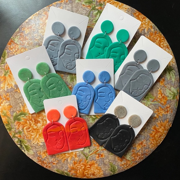 Handmade Clay Earrings | Face Outline Statue | Dark Turquoise | Push Backs - Picture 9 of 9
